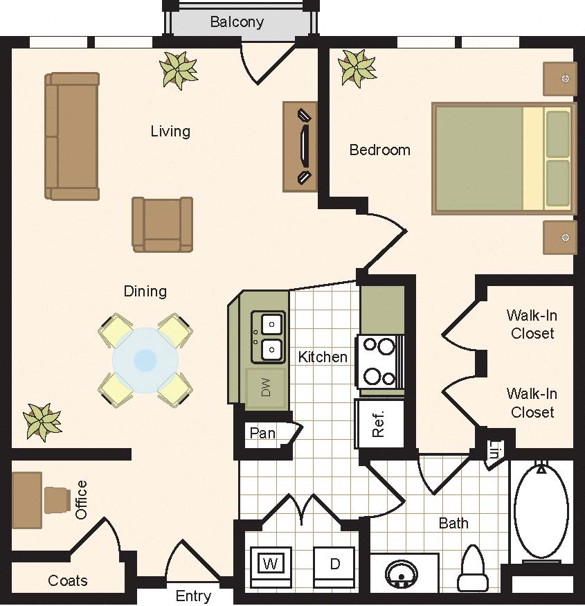 Floor plan for 1 bed, 1 bath, 887 sqft